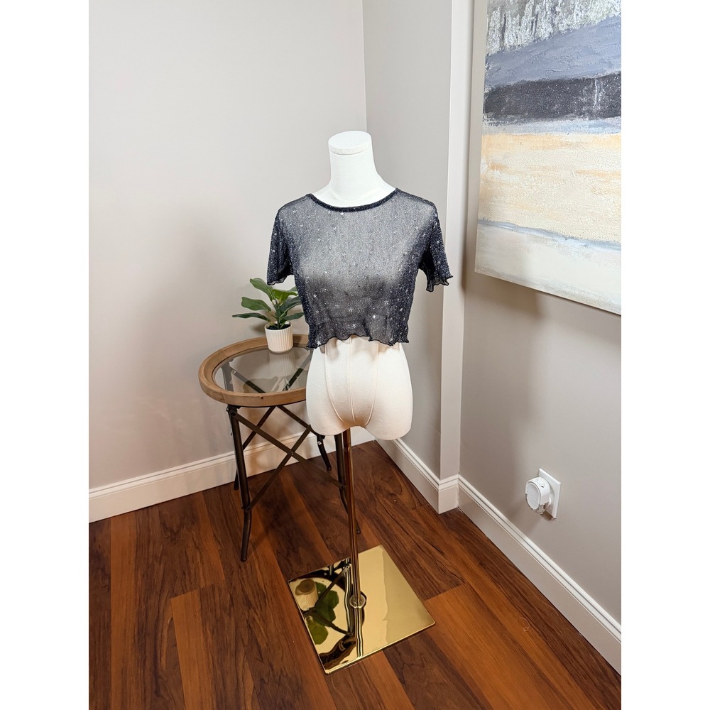 Black Sheer Mesh Star Print Crop Top Short Sleeve Metallic Celestial Festival‎
